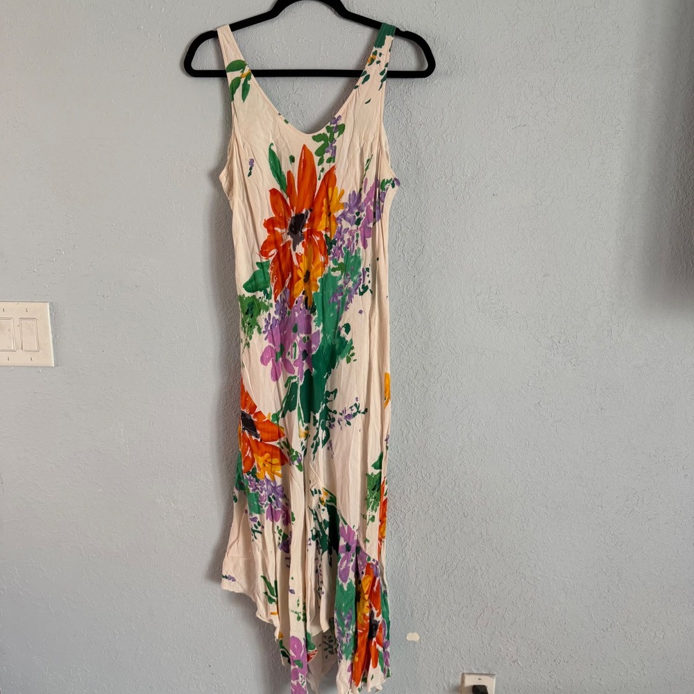 Jams World Verdant Floral Crinkle Rayon Handkerchief Hem Midi Dress Large